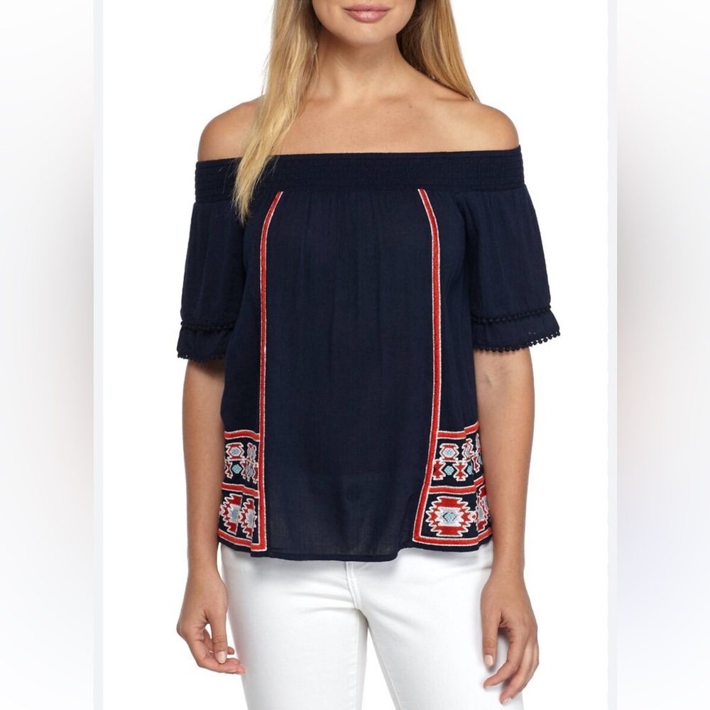 Crown & Ivy Navy Embroidered Off-Shoulder Peasant Top Sz 1X